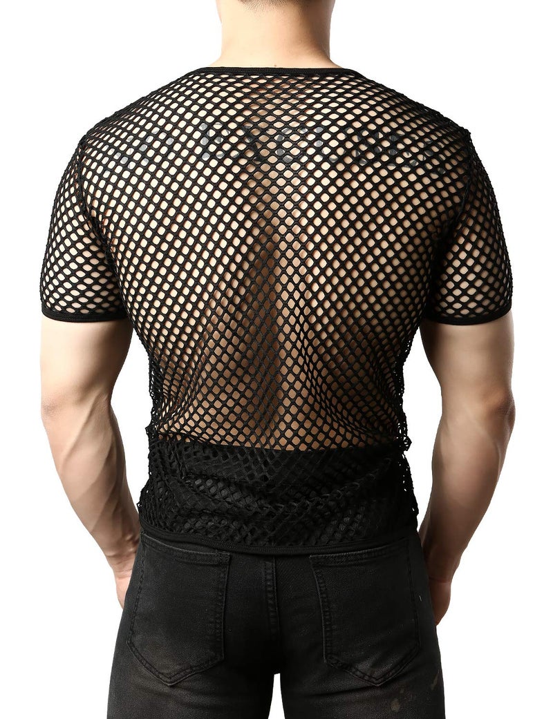 JOGAL Men's Mesh Fishnet Fitted Short Sleeve Muscle Top X-Large WG02 Black - Image 4